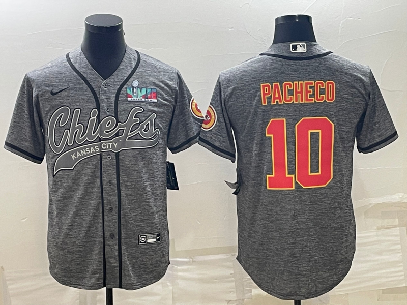 Men's Kansas City Chiefs #10 Isiah Pacheco Grey With Super Bowl LVII Patch Cool Base Stitched Baseball Jersey Men's Kansas City Chiefs #10 Isiah Pacheco Grey With Super Bowl LVII Patch Cool Base Stitched Baseball Jersey